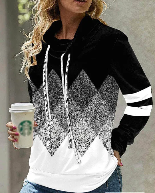 New Women's Pile Collar Hooded Printed Top