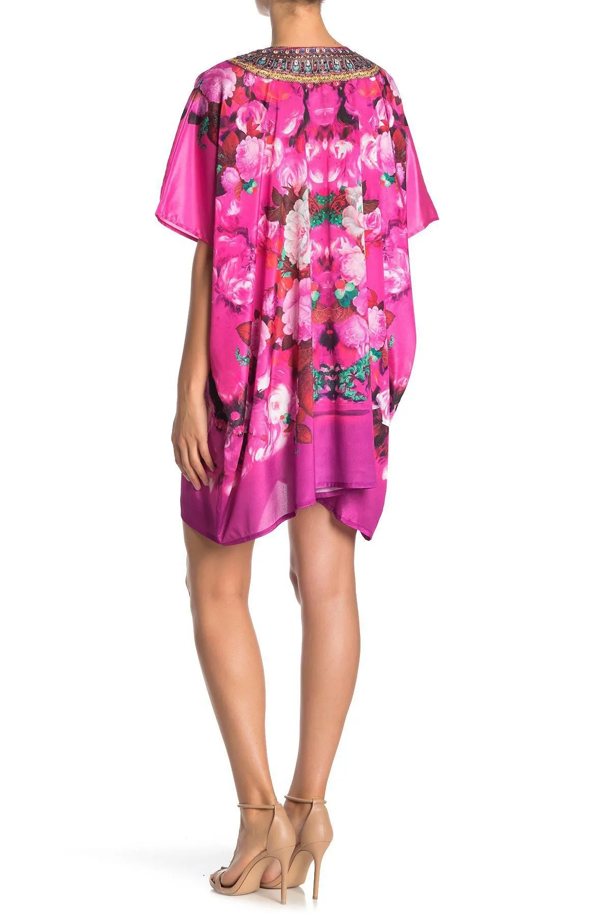 Pink Flower  Print Short Kaftan Dress