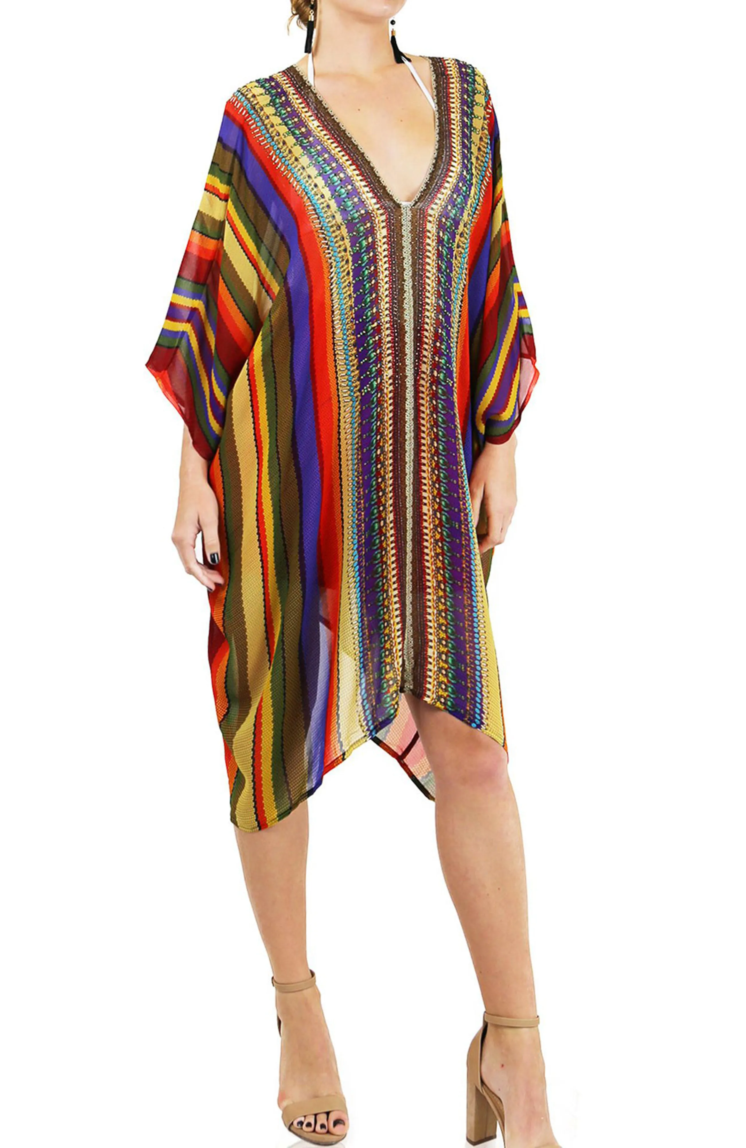 Rainbow Stripe Print Kaftan Dress