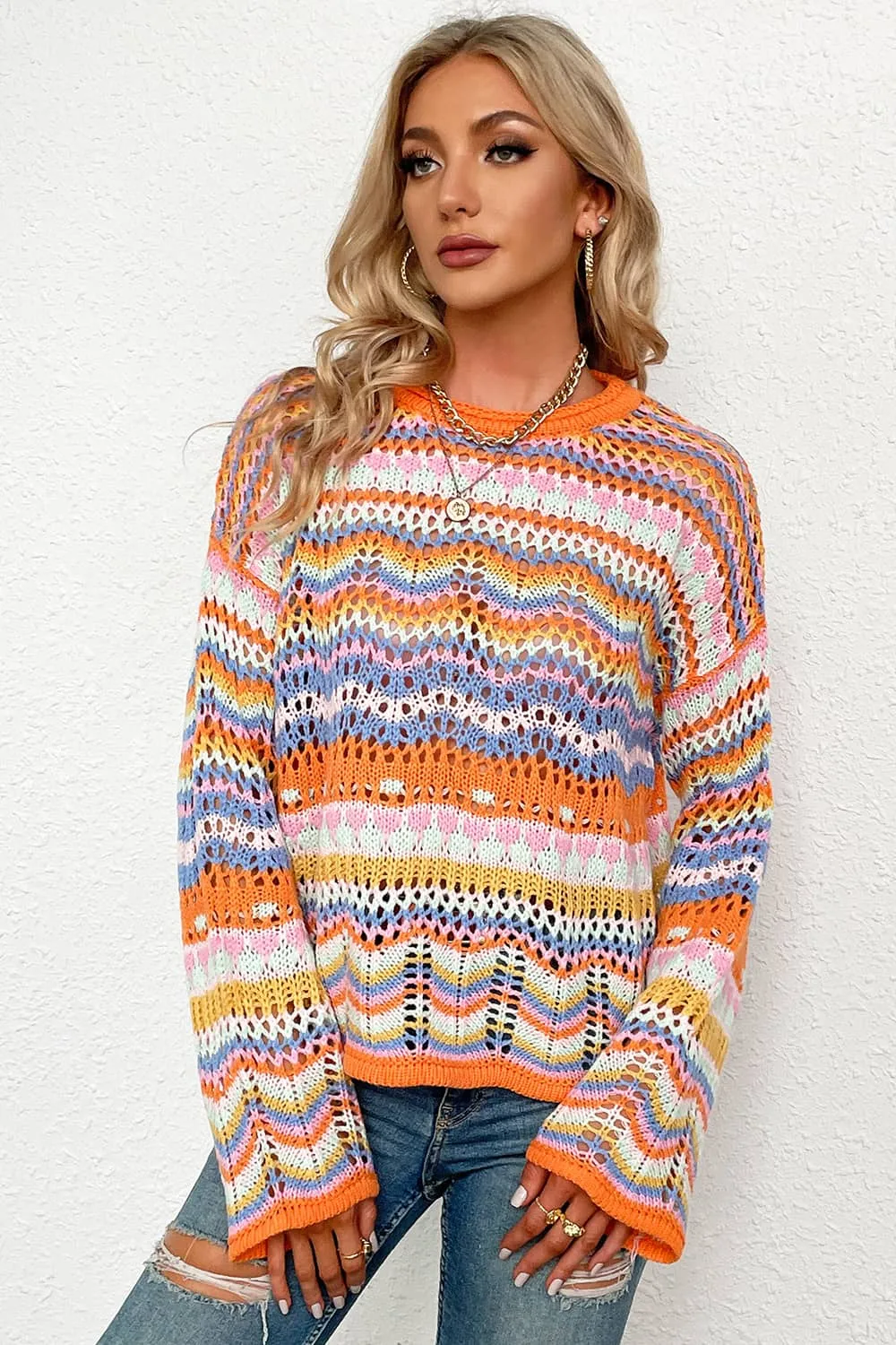 Round neck striped sweater for women
