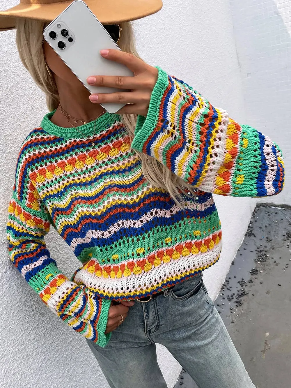 Round neck striped sweater for women