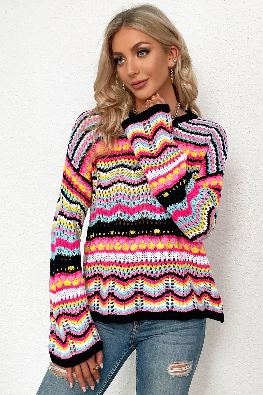Round neck striped sweater for women