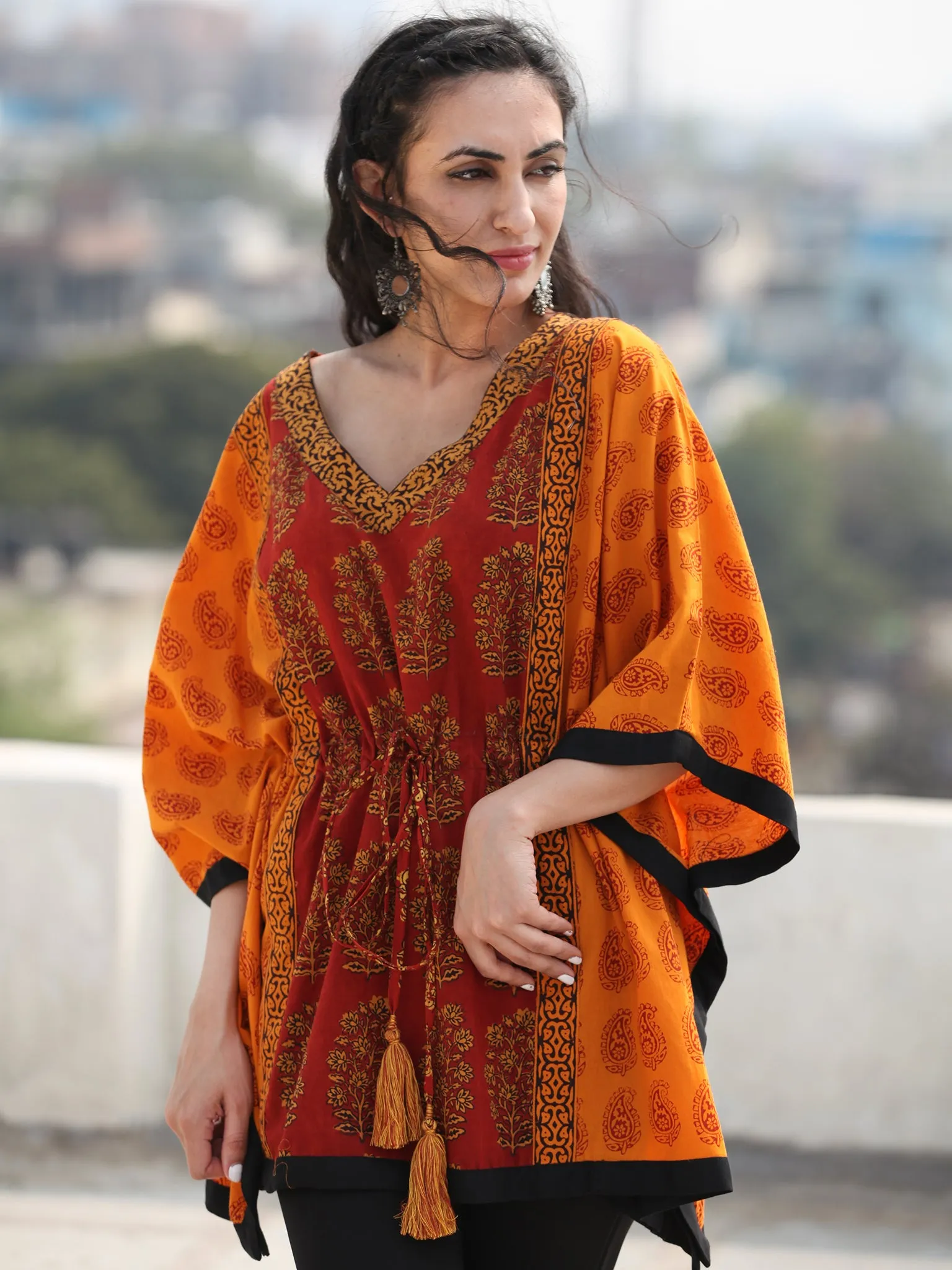 Rust Merigold Yellow Bagh Hand Block Printed Short Kaftan - K133F1722