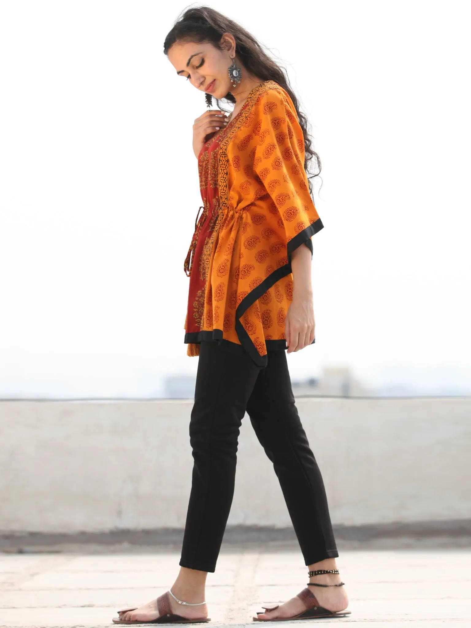 Rust Merigold Yellow Bagh Hand Block Printed Short Kaftan - K133F1722