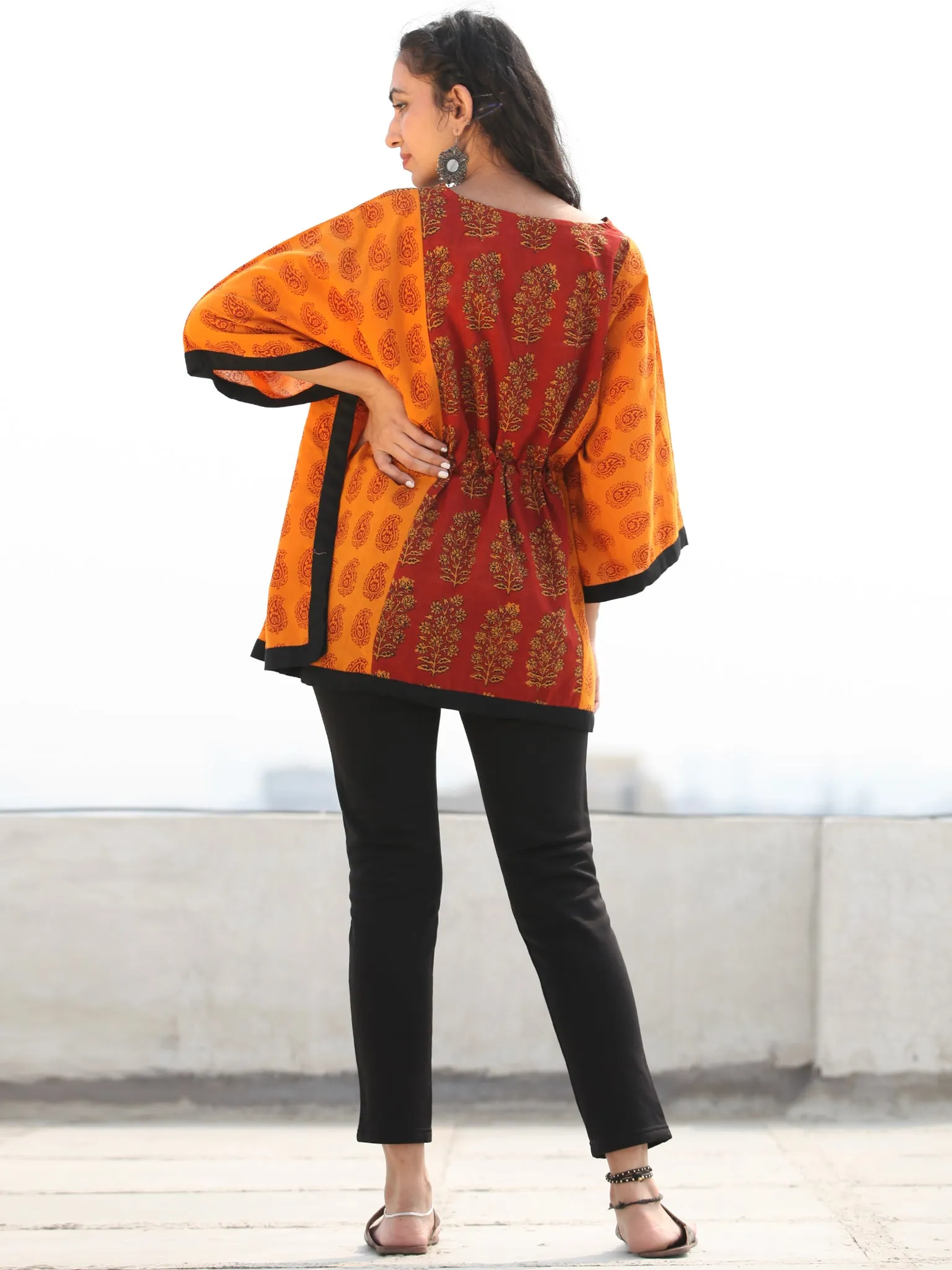 Rust Merigold Yellow Bagh Hand Block Printed Short Kaftan - K133F1722