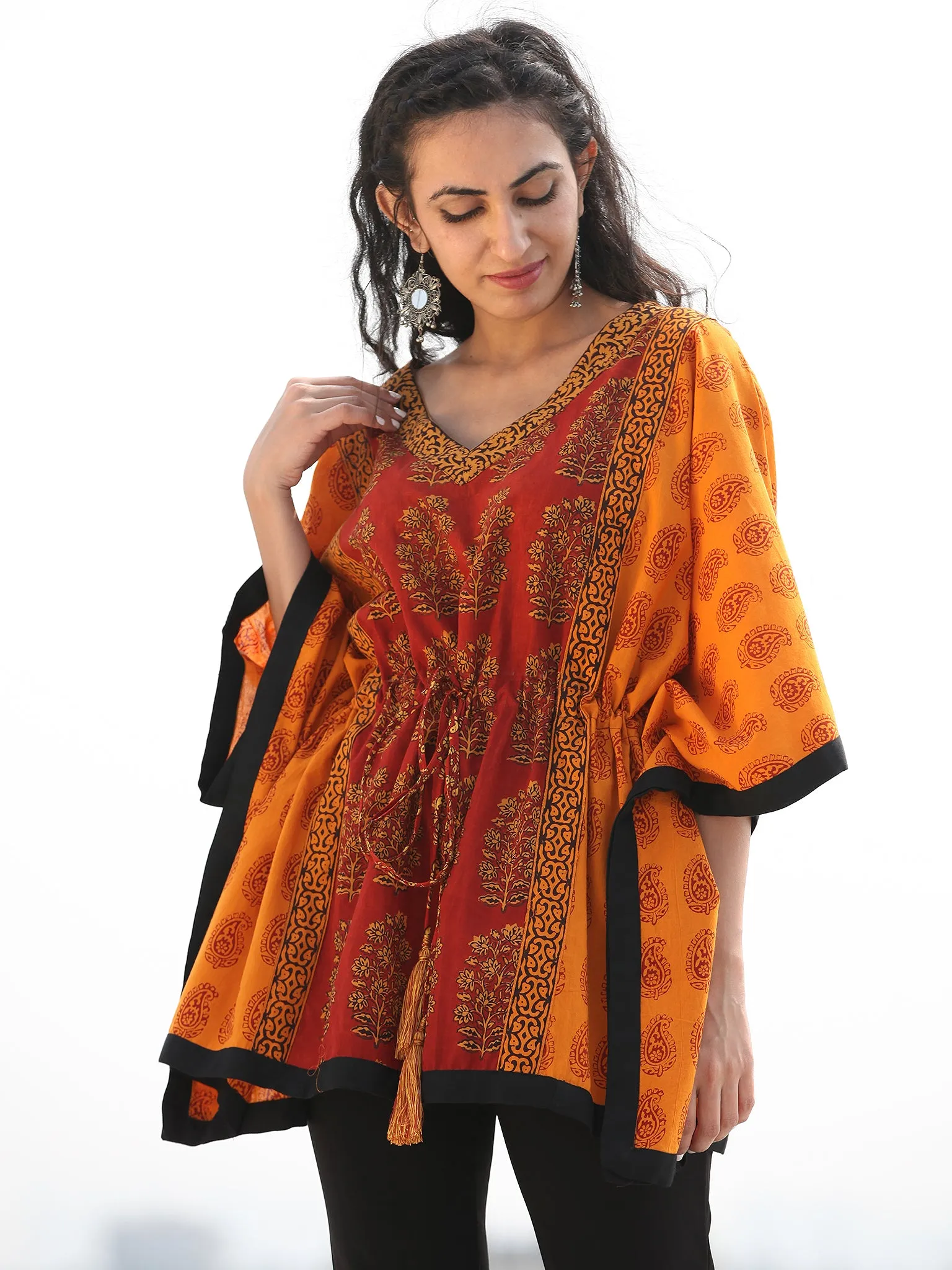 Rust Merigold Yellow Bagh Hand Block Printed Short Kaftan - K133F1722