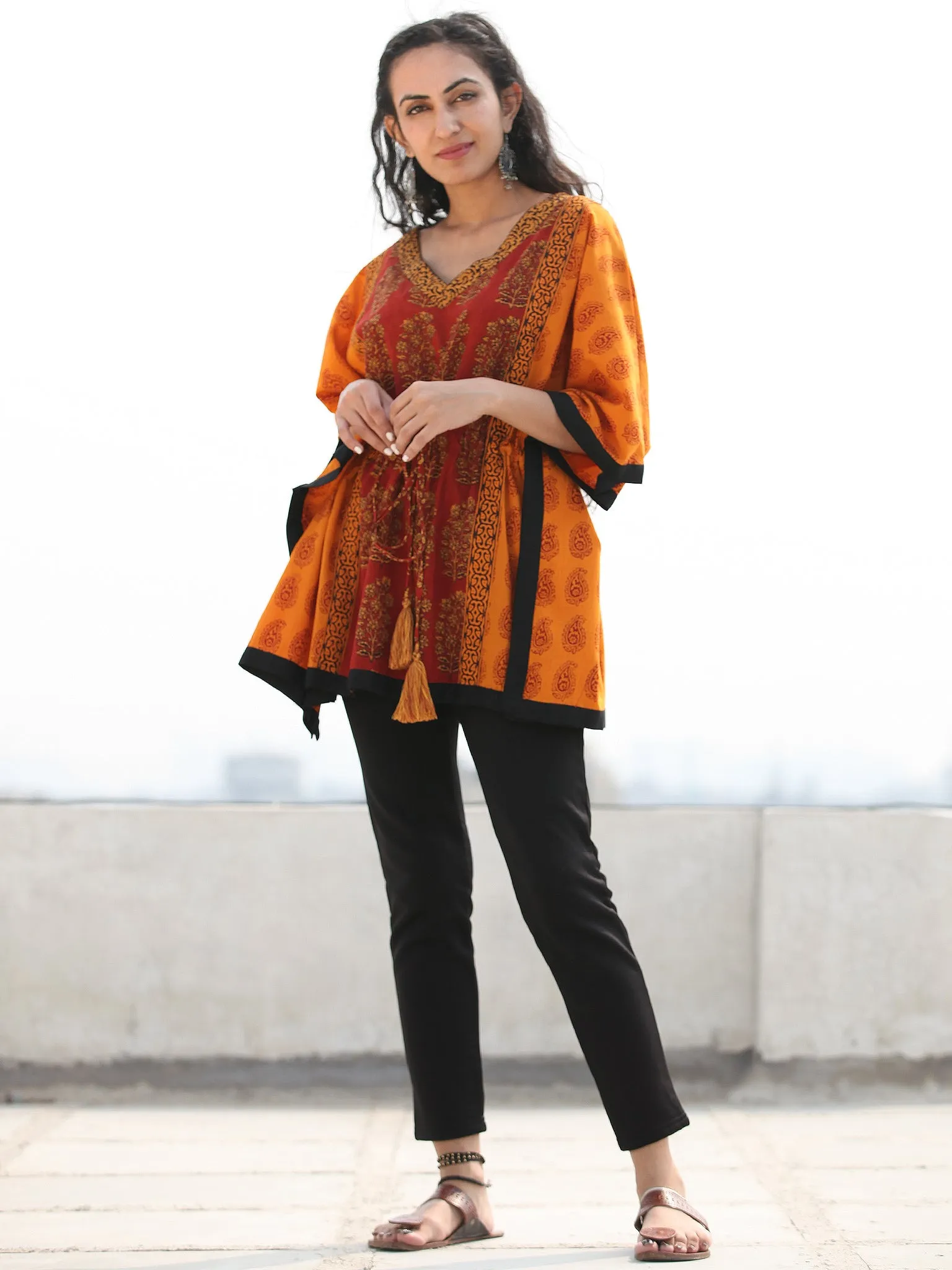 Rust Merigold Yellow Bagh Hand Block Printed Short Kaftan - K133F1722