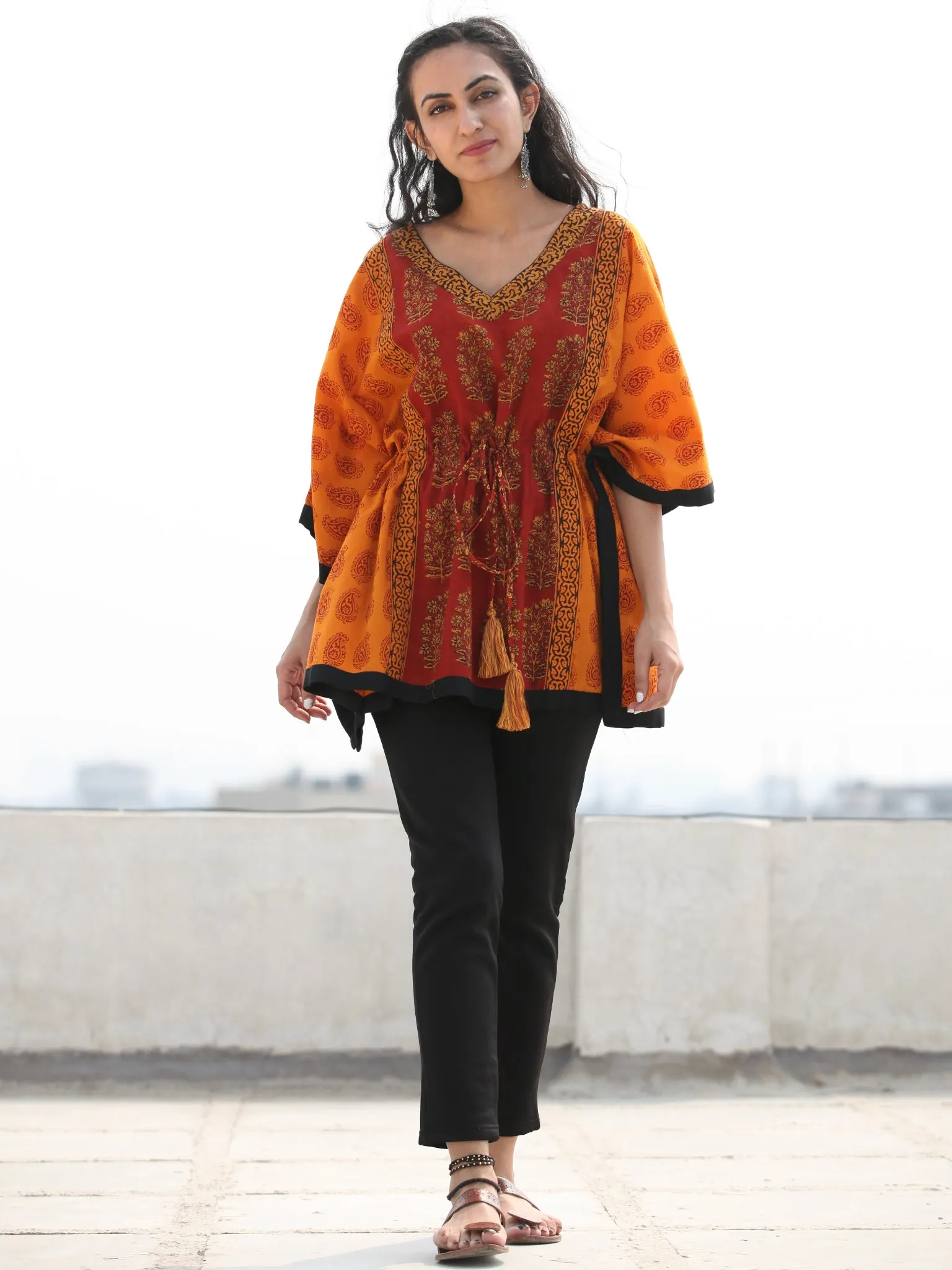 Rust Merigold Yellow Bagh Hand Block Printed Short Kaftan - K133F1722