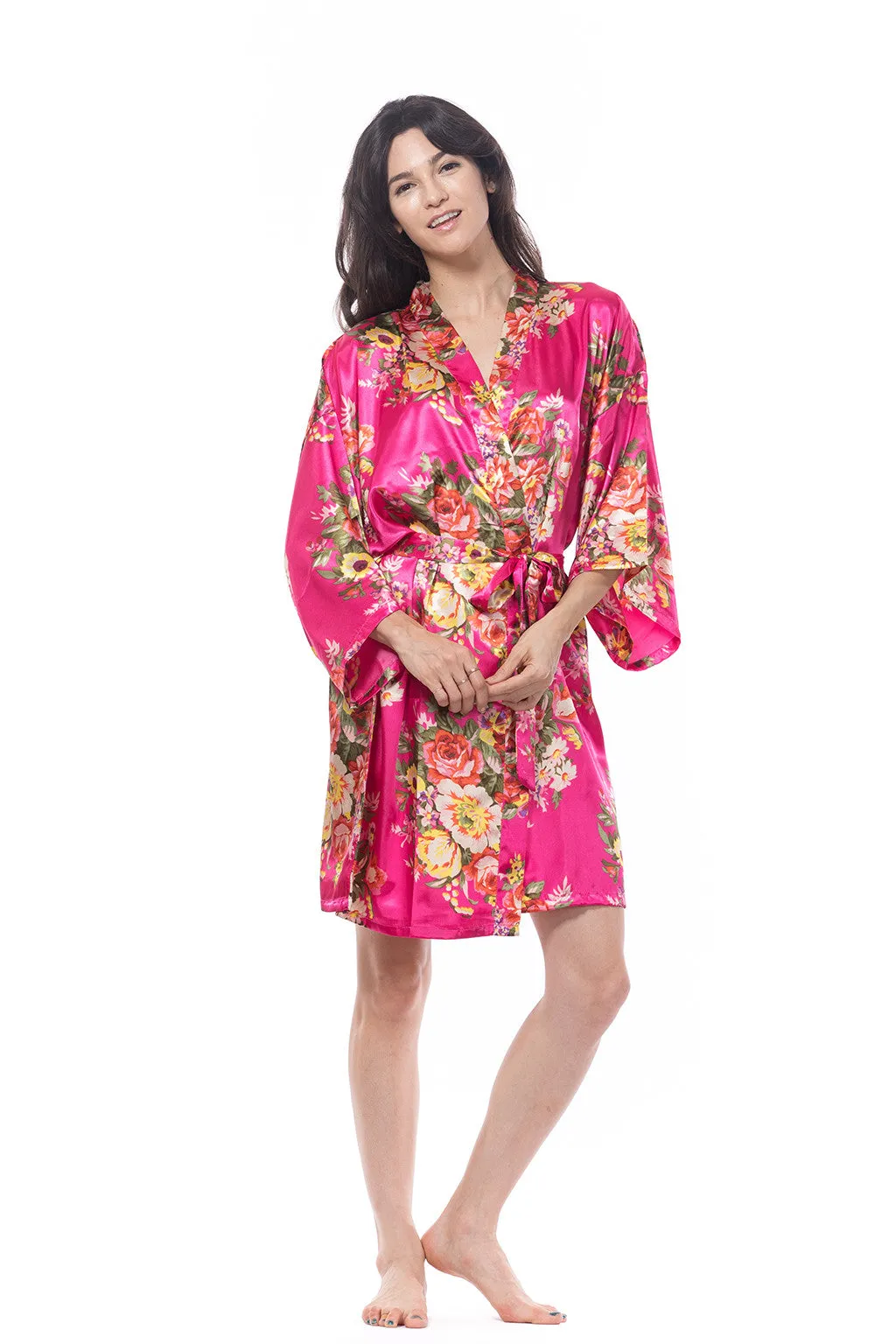 Satin Floral Blossom Robe Hot Pink