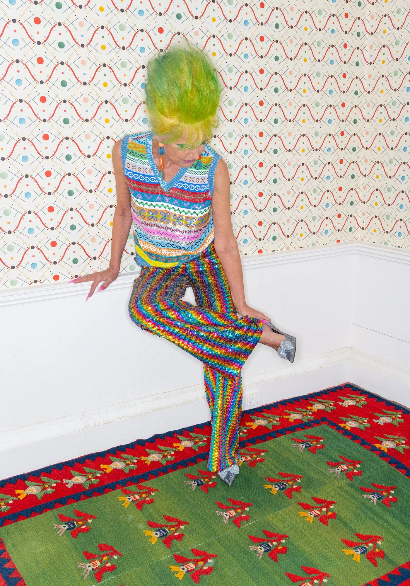 SEQUIN FAIR ISLE V NECK TOP