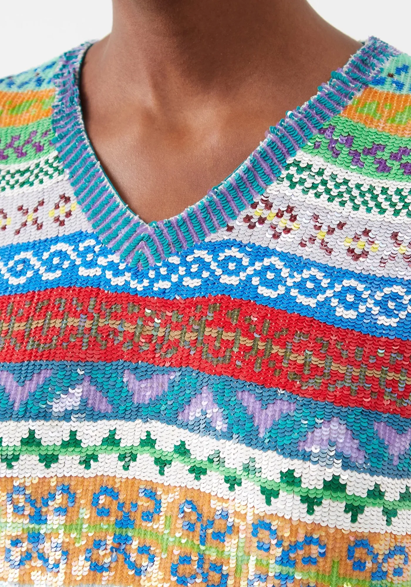 SEQUIN FAIR ISLE V NECK TOP