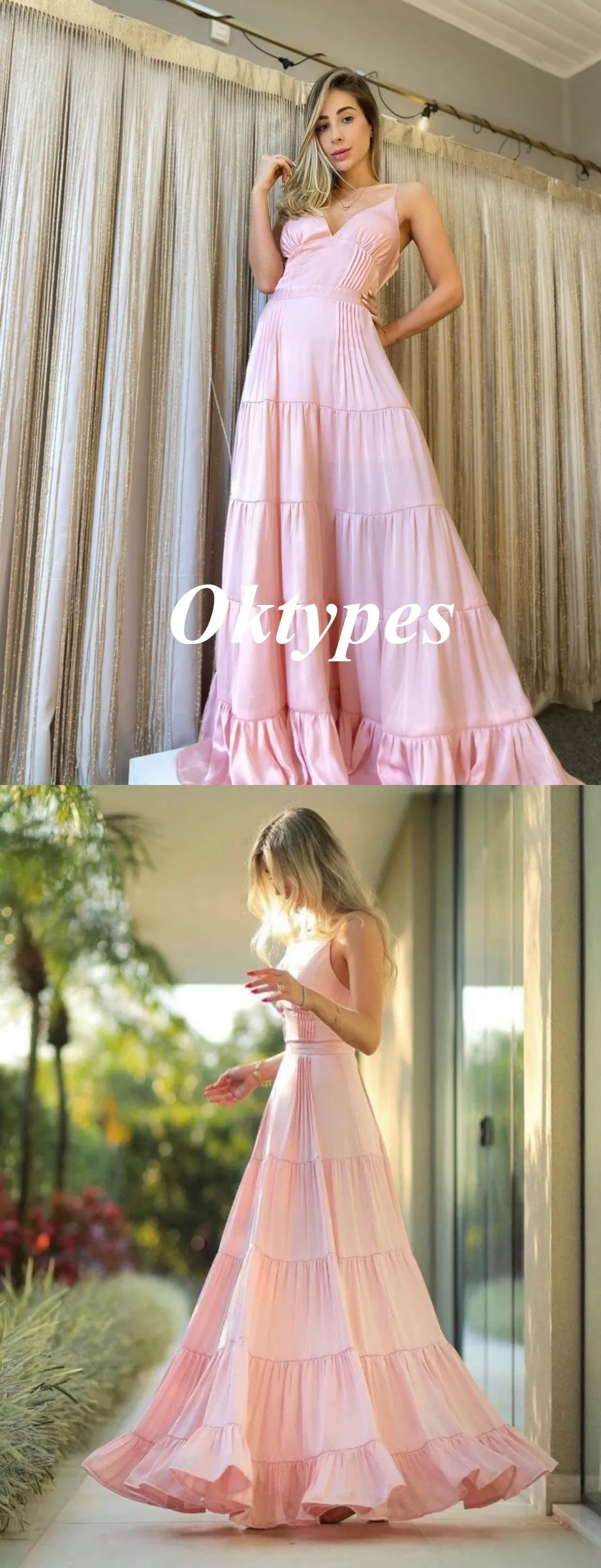 Sexy Pink Soft Satin Spaghetti Straps V-Neck A-Line Long Prom Dresses, PDS1022
