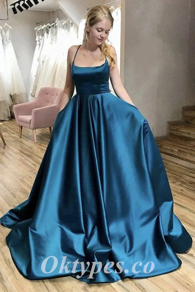 Sexy Soft Satin Spaghetti Straps V-Neck Sleeveless Lace Up A-Line Long Prom Dresses With Pocket, PDS0889