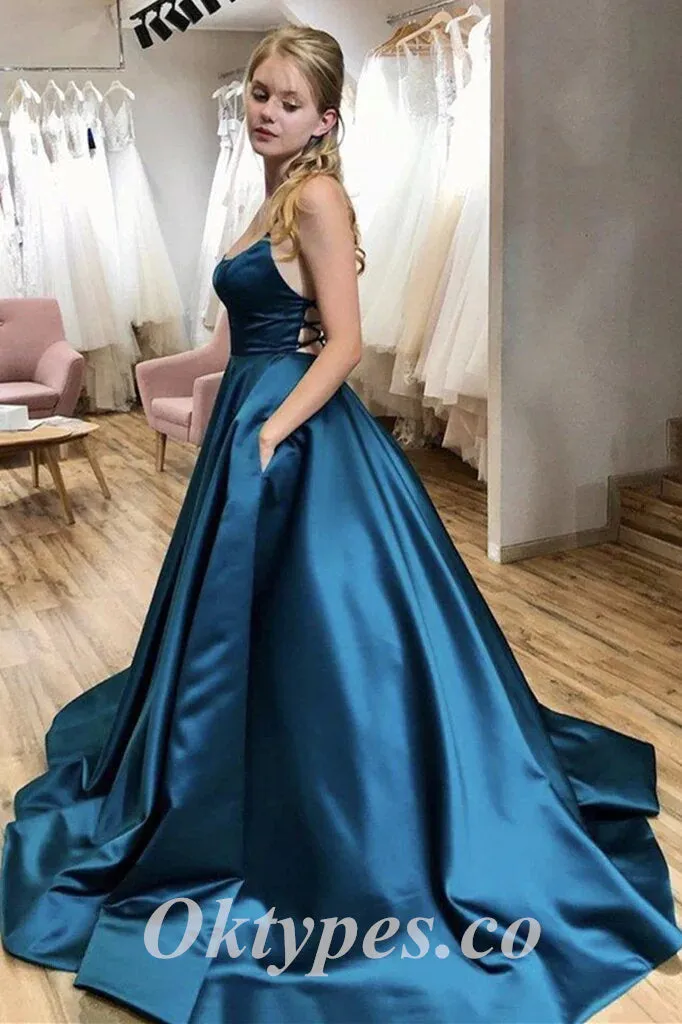 Sexy Soft Satin Spaghetti Straps V-Neck Sleeveless Lace Up A-Line Long Prom Dresses With Pocket, PDS0889