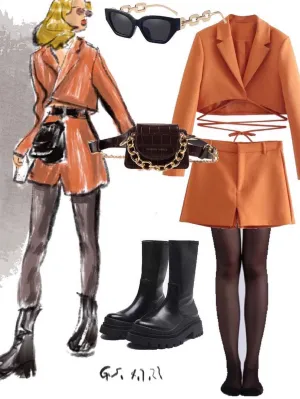 Spring Summer Office Lady Orange Women Suits V Neck Long Sleeve Bow Tie Short Blazer High Waist Sheath Mini Skirts 2pc Sets