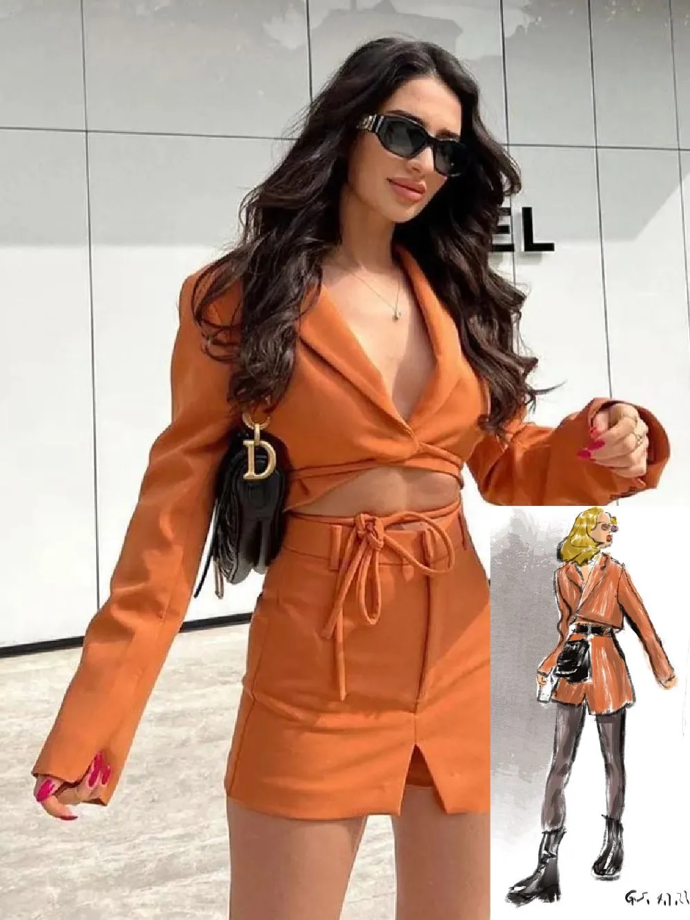 Spring Summer Office Lady Orange Women Suits V Neck Long Sleeve Bow Tie Short Blazer High Waist Sheath Mini Skirts 2pc Sets