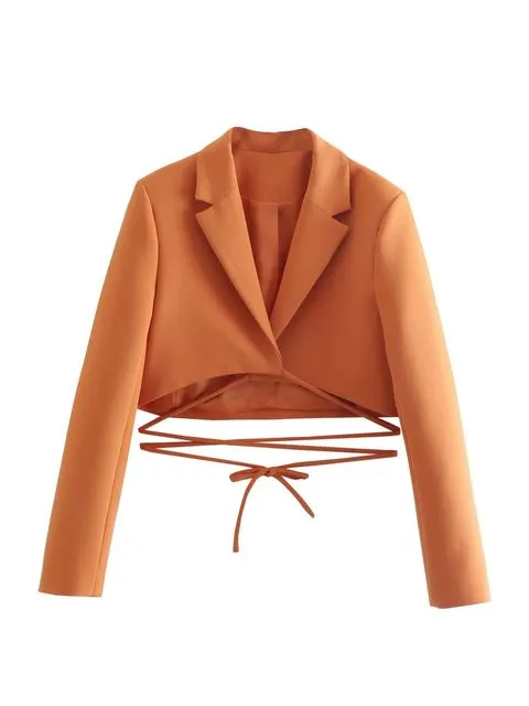 Spring Summer Office Lady Orange Women Suits V Neck Long Sleeve Bow Tie Short Blazer High Waist Sheath Mini Skirts 2pc Sets