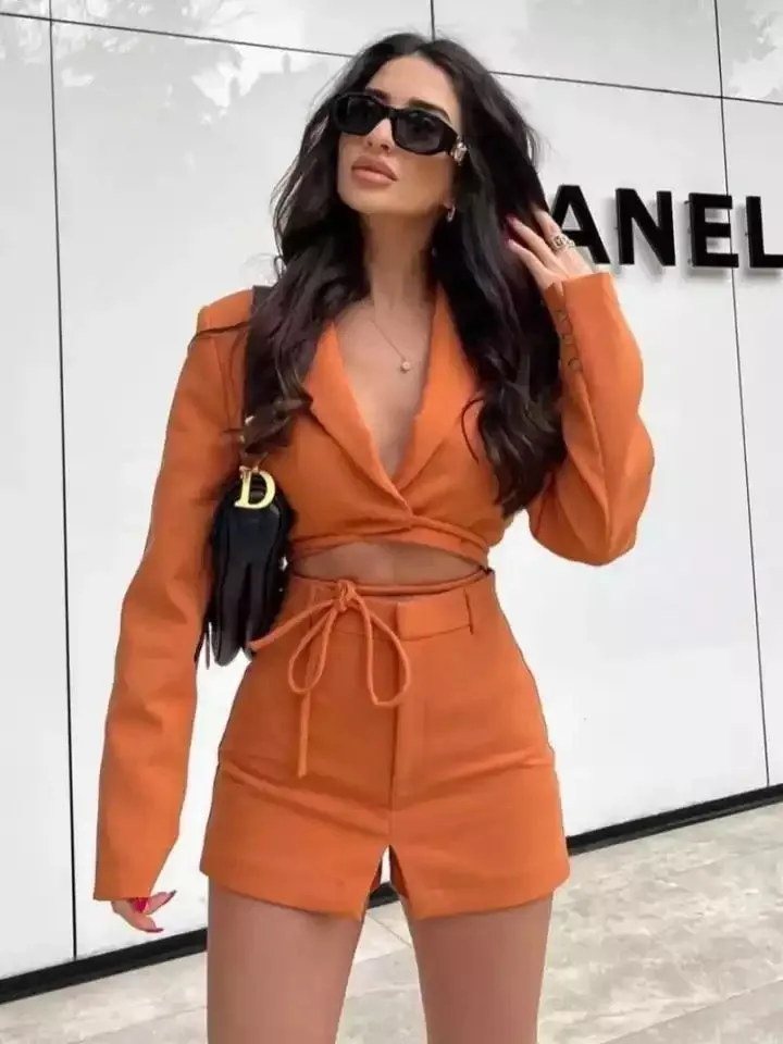 Spring Summer Office Lady Orange Women Suits V Neck Long Sleeve Bow Tie Short Blazer High Waist Sheath Mini Skirts 2pc Sets