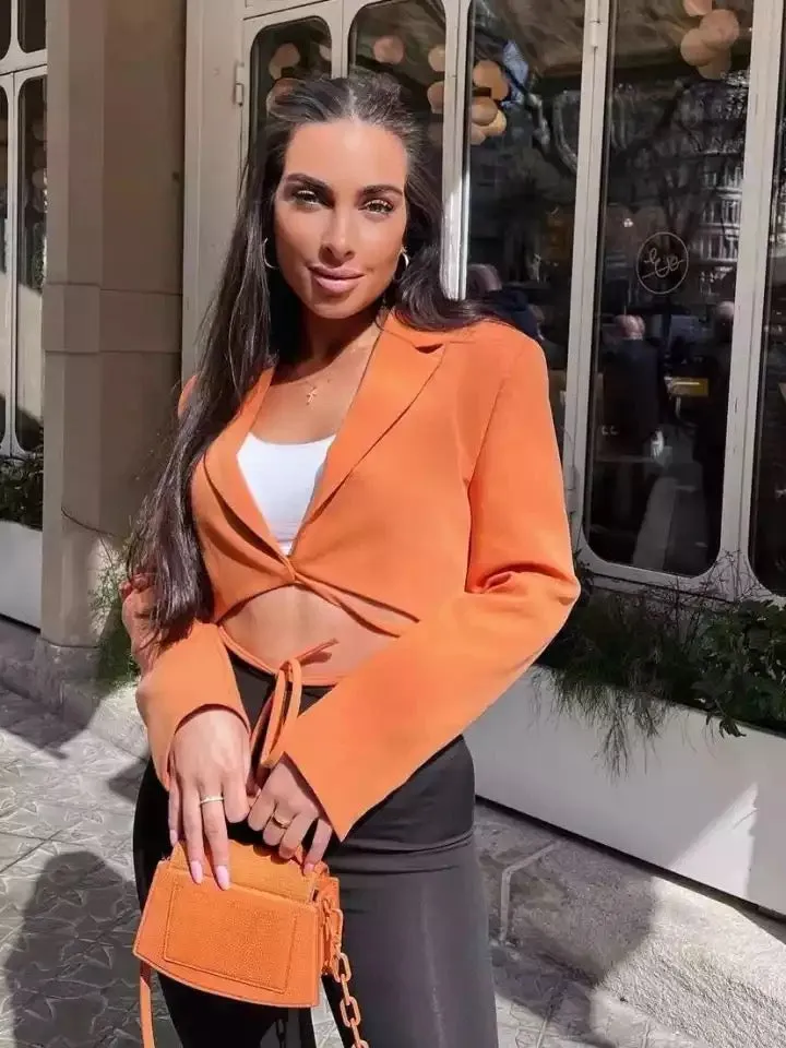 Spring Summer Office Lady Orange Women Suits V Neck Long Sleeve Bow Tie Short Blazer High Waist Sheath Mini Skirts 2pc Sets