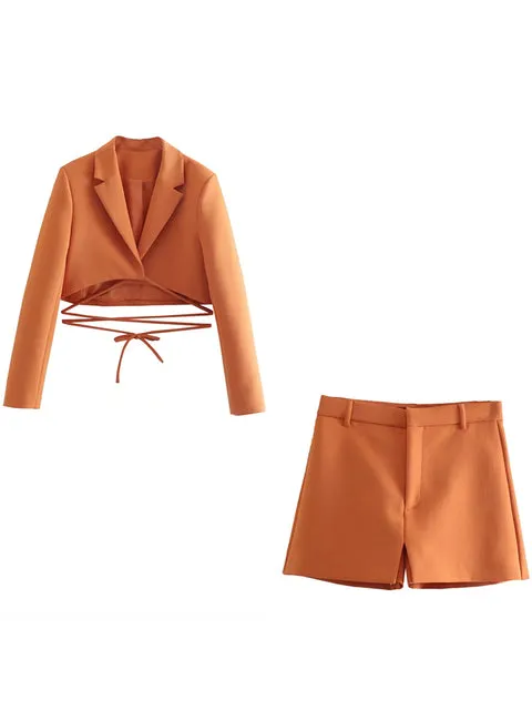 Spring Summer Office Lady Orange Women Suits V Neck Long Sleeve Bow Tie Short Blazer High Waist Sheath Mini Skirts 2pc Sets