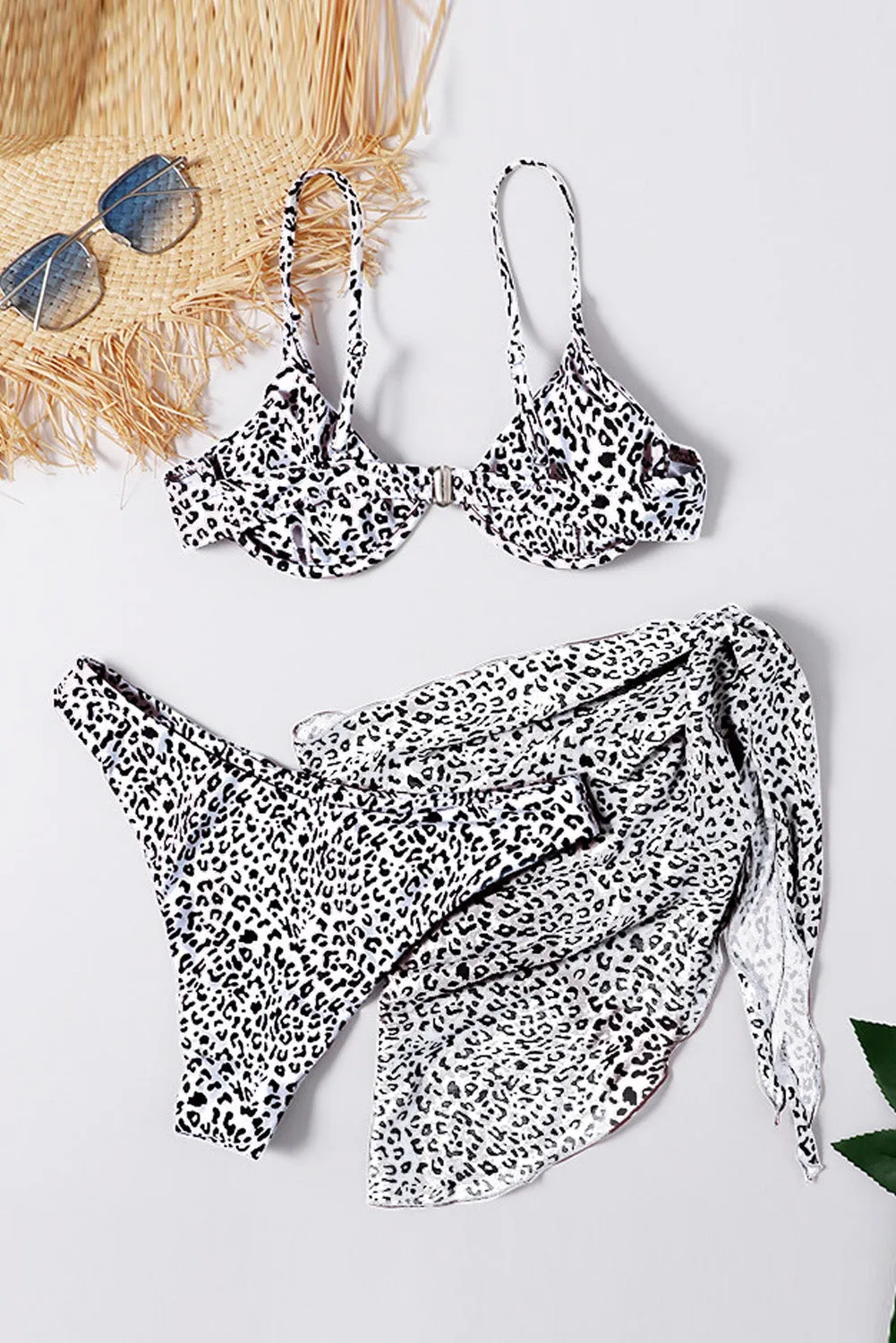 Three Piece Leopard Bikini Sets With Matching Sarong