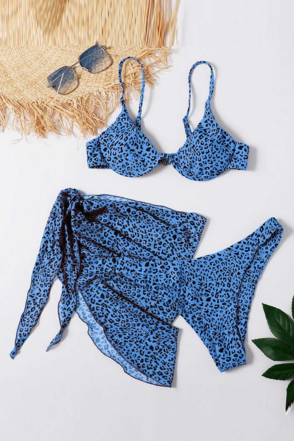 Three Piece Leopard Bikini Sets With Matching Sarong