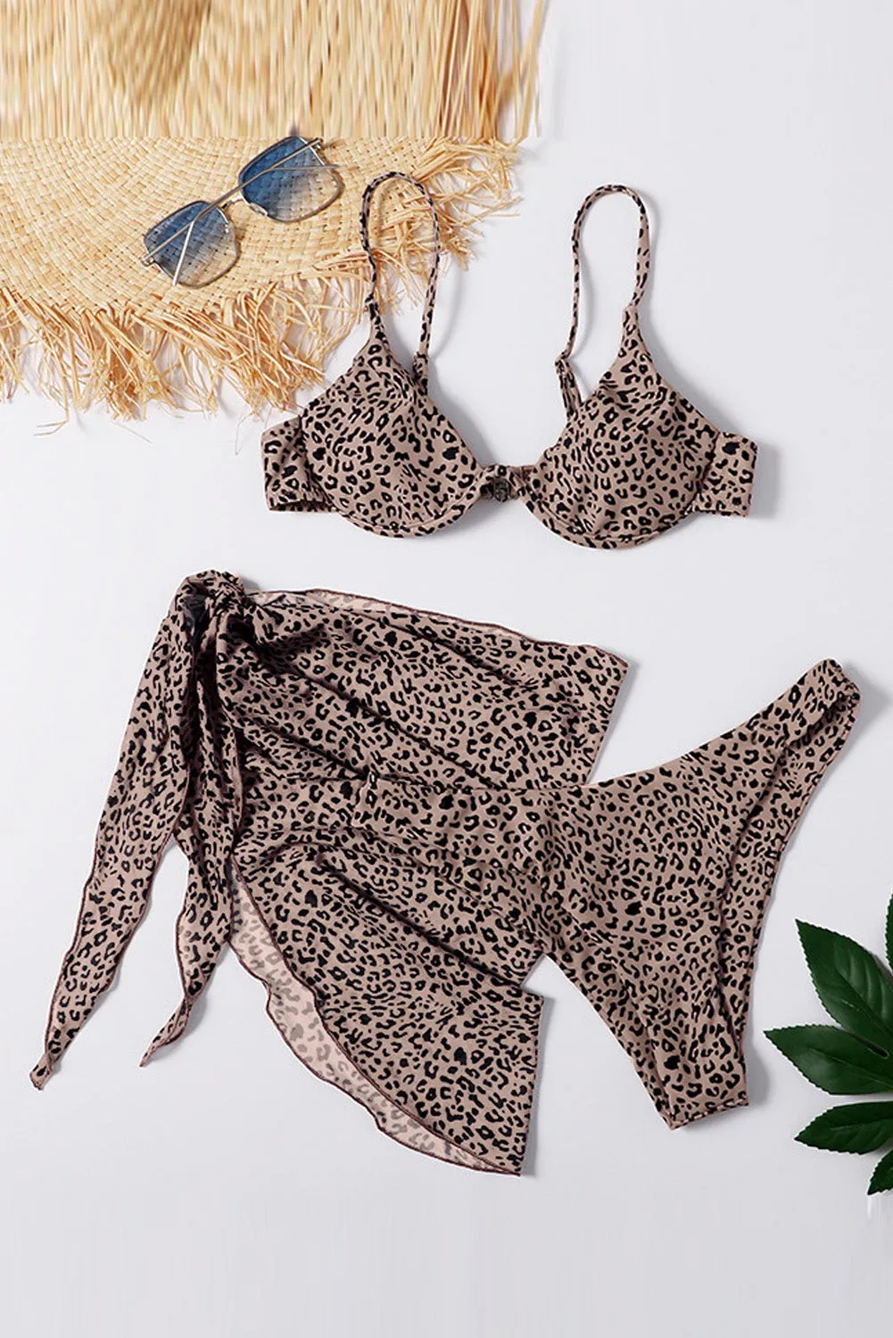 Three Piece Leopard Bikini Sets With Matching Sarong