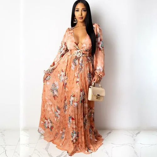 V-neck Chiffon Floral Print Pleated Maxi Dress