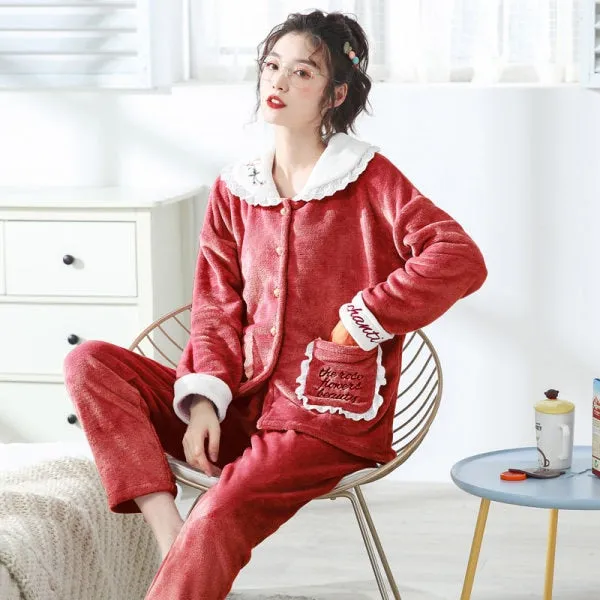 VenusFox Winter Warm Coral fleece Flannel Pajamas Sets Women Sleepwear Nightwear Cardigan