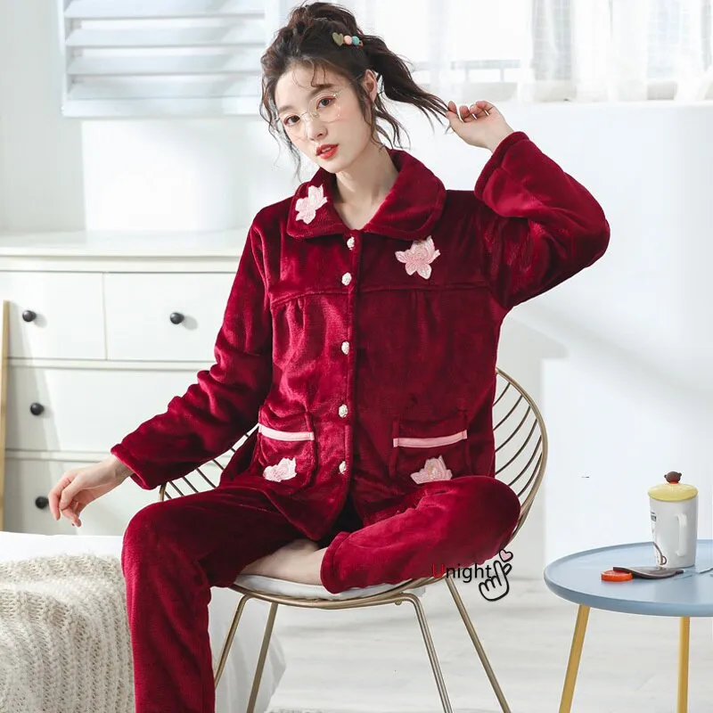 VenusFox Winter Warm Coral fleece Flannel Pajamas Sets Women Sleepwear Nightwear Cardigan