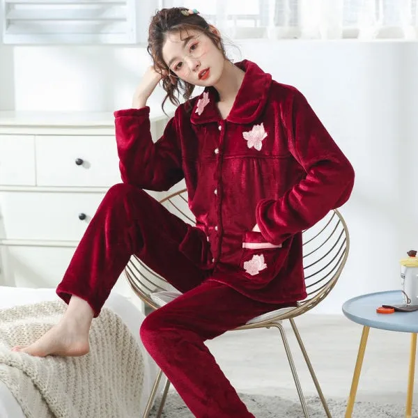 VenusFox Winter Warm Coral fleece Flannel Pajamas Sets Women Sleepwear Nightwear Cardigan