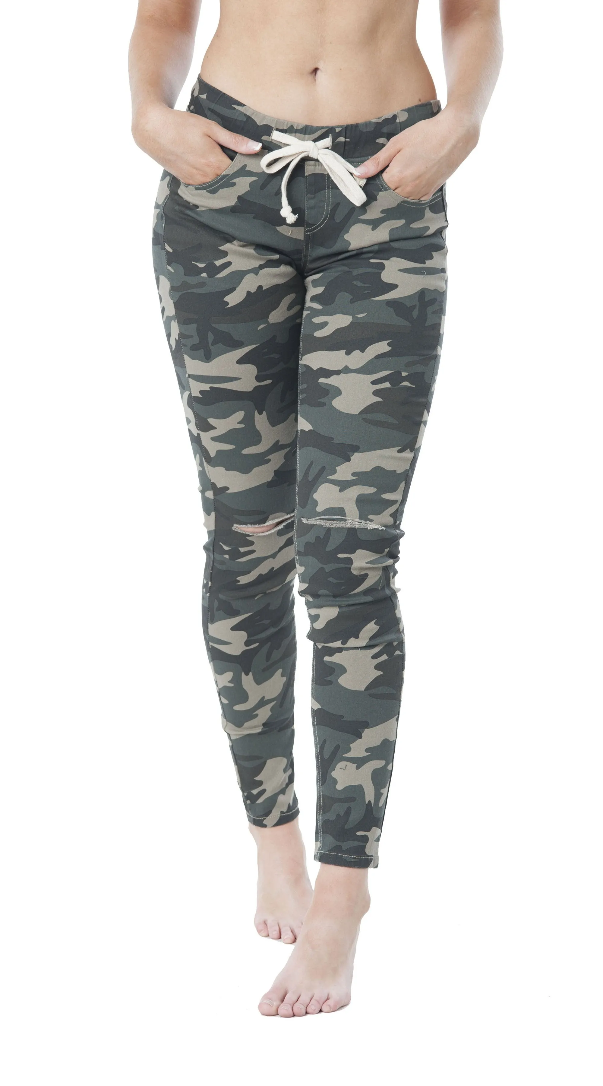Waist Drawstring Knee Slit Twill Skinny Pants