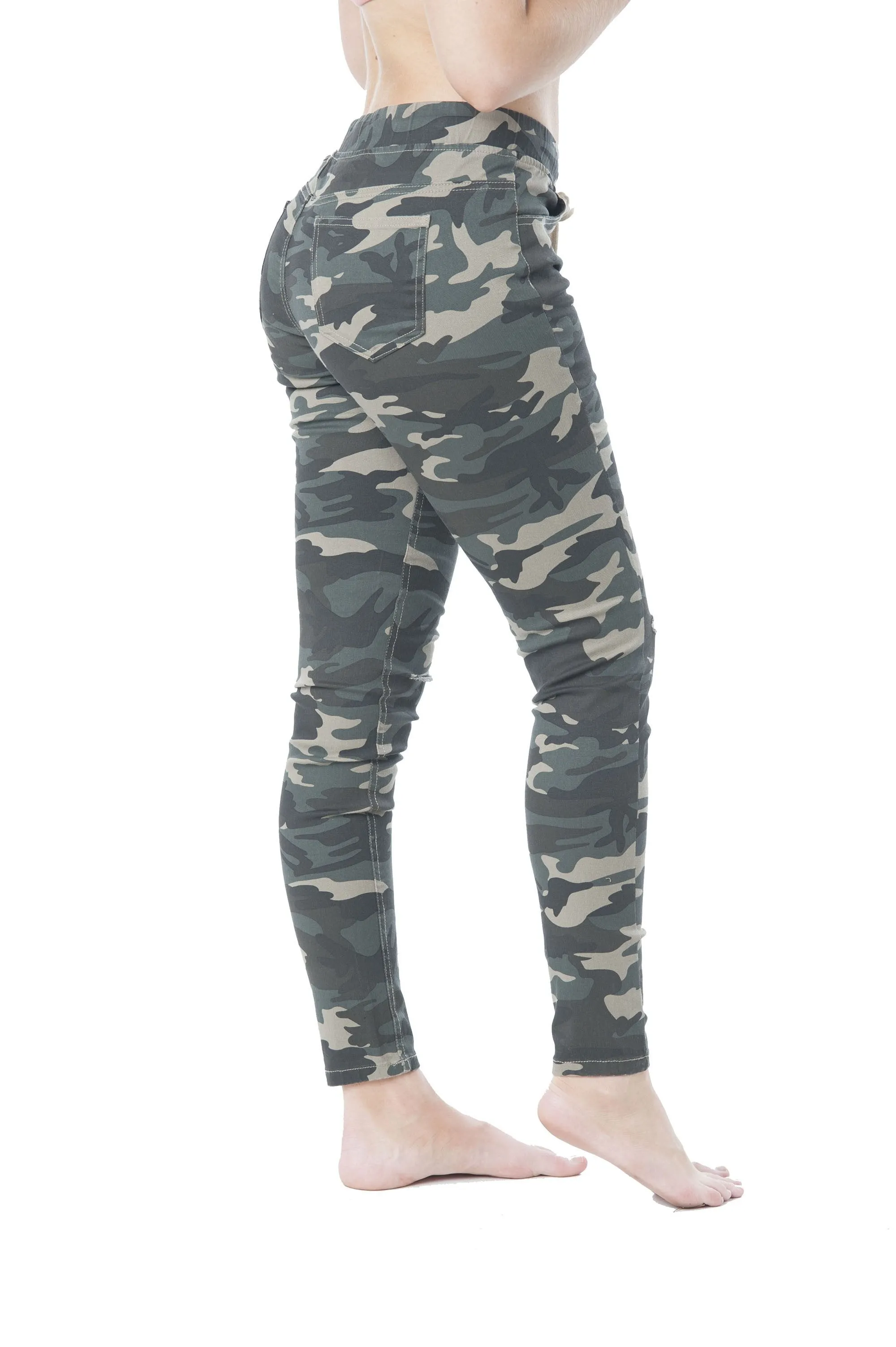 Waist Drawstring Knee Slit Twill Skinny Pants