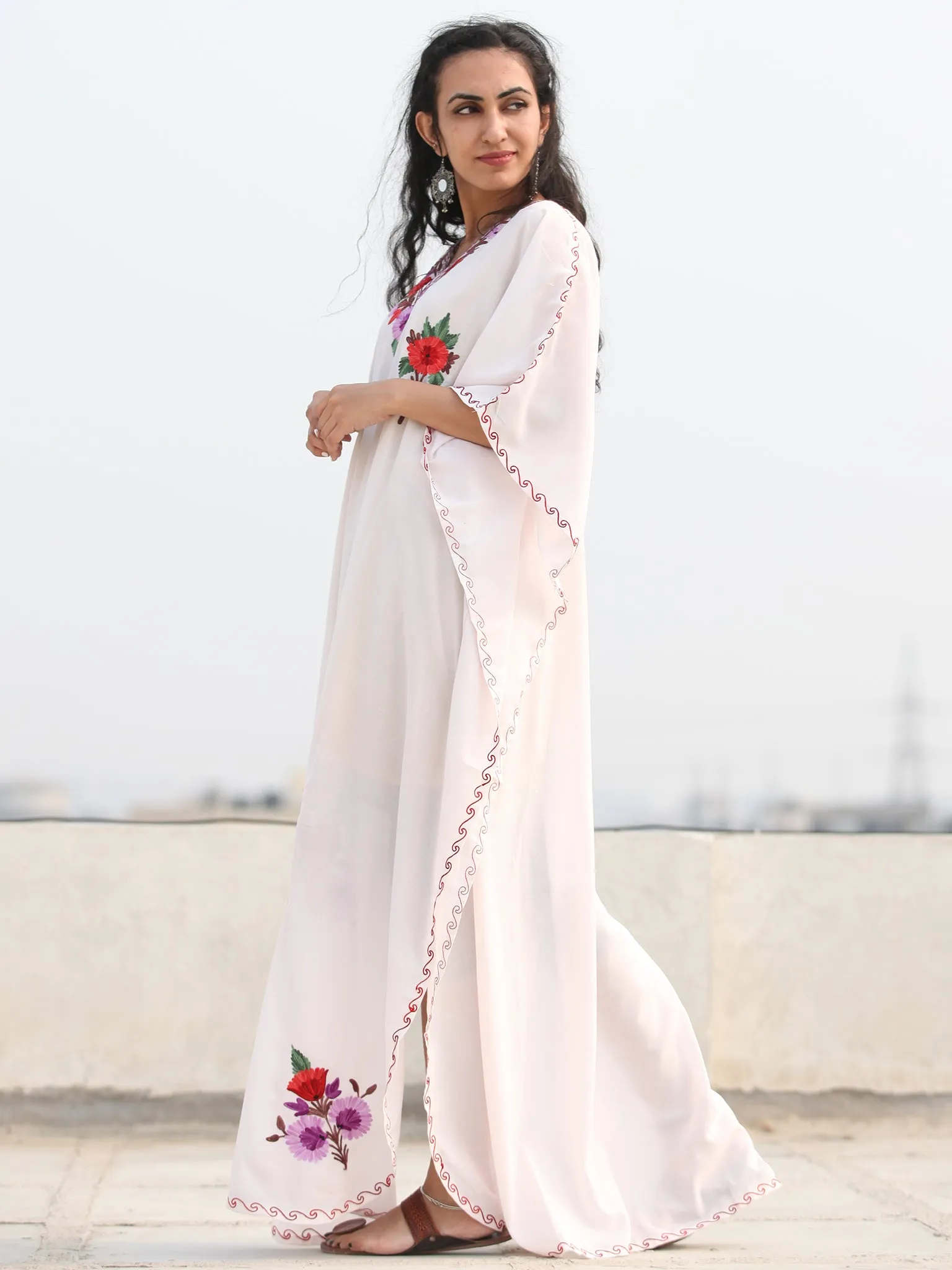 White Multicolor Aari Embroidered Kashmere Free Size Kaftan in Crushed Cotton - K11K080