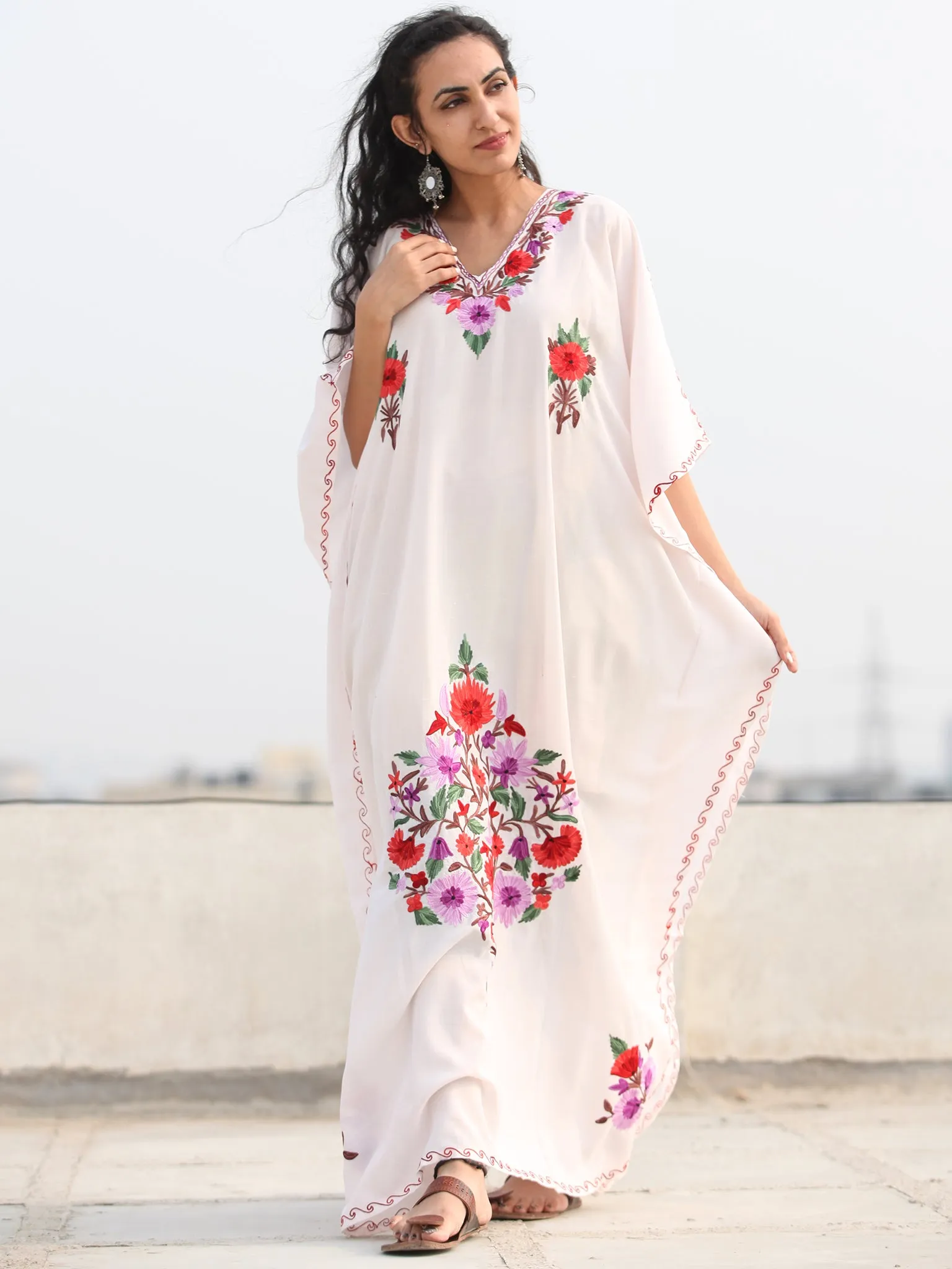 White Multicolor Aari Embroidered Kashmere Free Size Kaftan in Crushed Cotton - K11K080