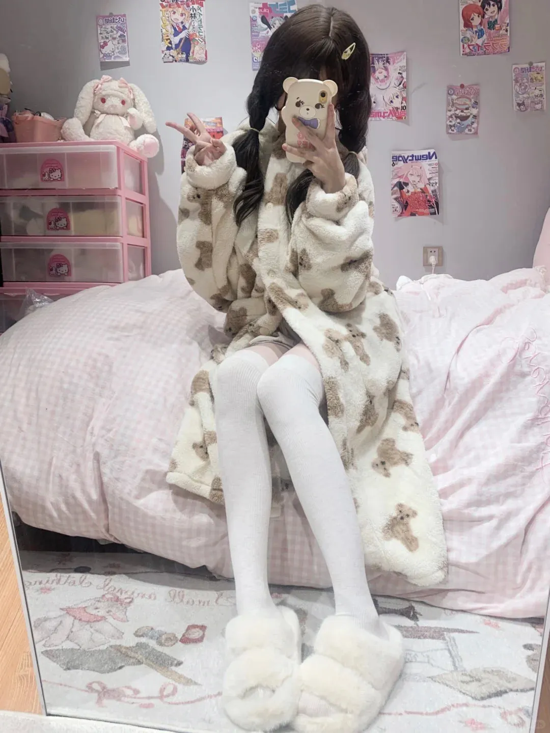 Winter Teddy Bear Soft Fleece Long Hooded Bathrobe Pajama