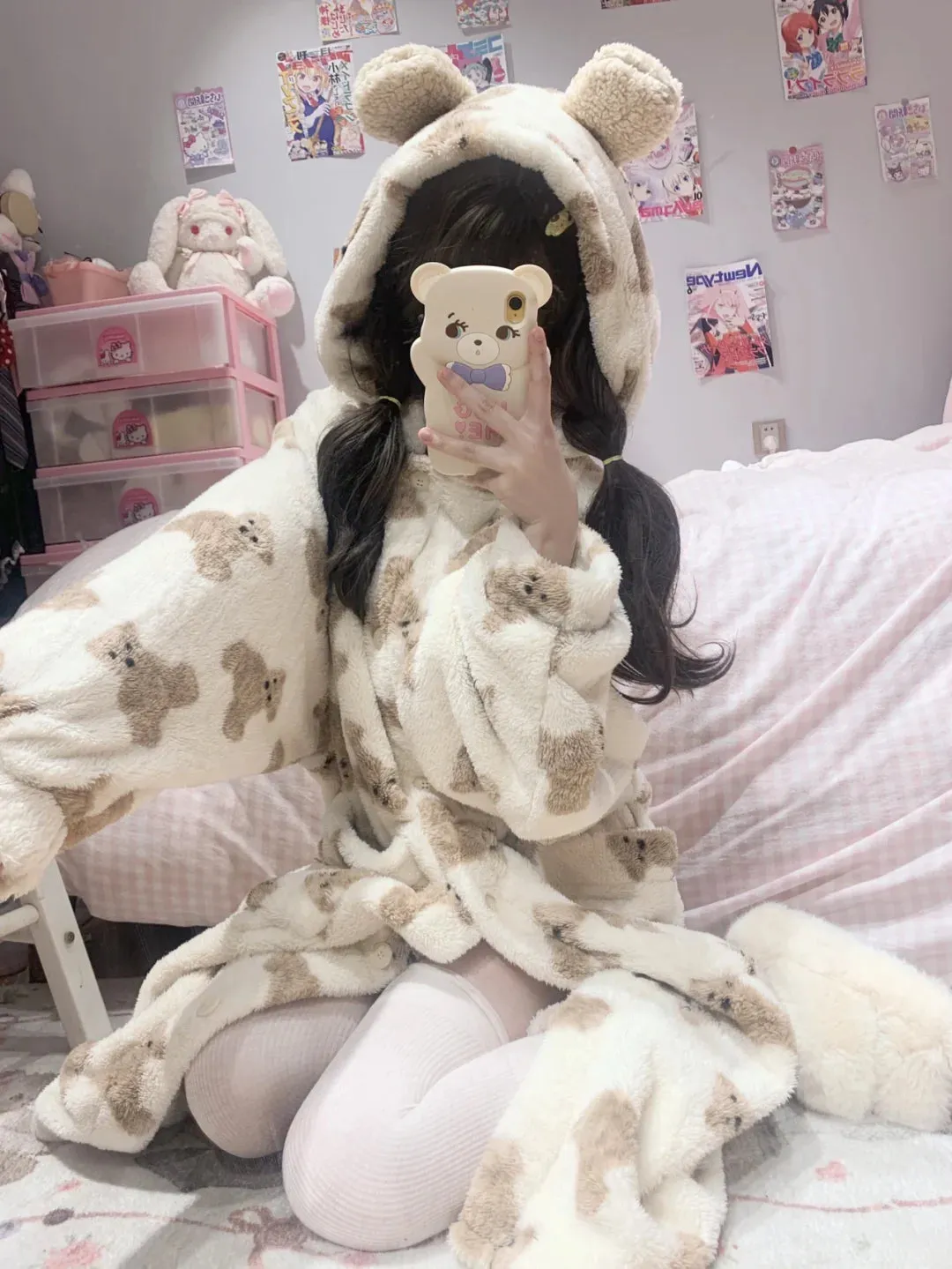 Winter Teddy Bear Soft Fleece Long Hooded Bathrobe Pajama