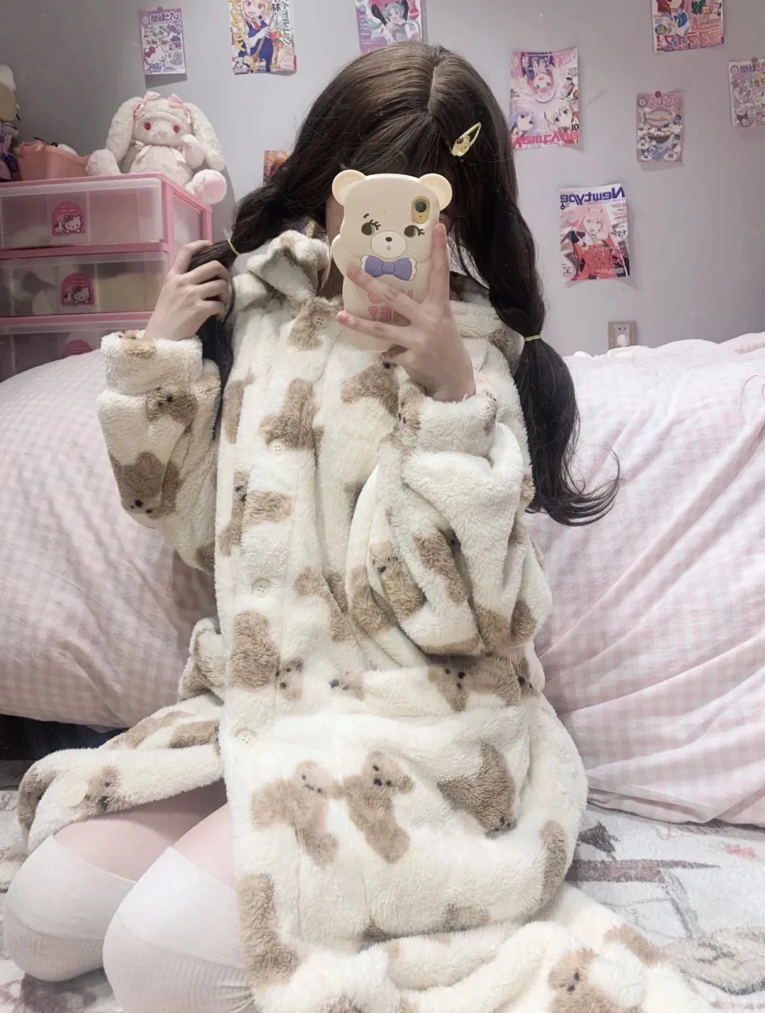 Winter Teddy Bear Soft Fleece Long Hooded Bathrobe Pajama