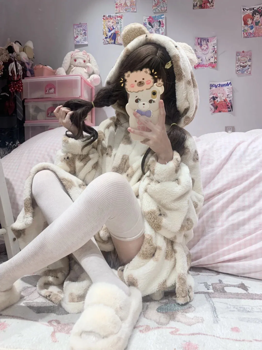 Winter Teddy Bear Soft Fleece Long Hooded Bathrobe Pajama