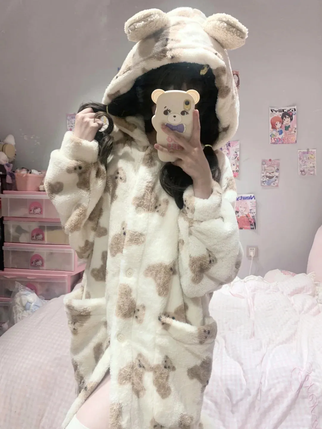 Winter Teddy Bear Soft Fleece Long Hooded Bathrobe Pajama