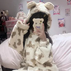 Winter Teddy Bear Soft Fleece Long Hooded Bathrobe Pajama