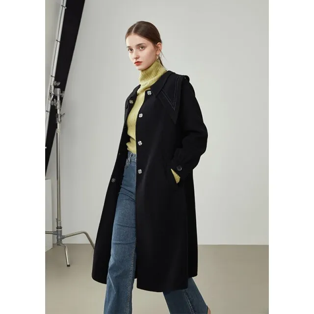 Women Winter  Black Long Detachable Collar Single-breasted Jackets Beige Straight Commuter All-match Woolen Coats