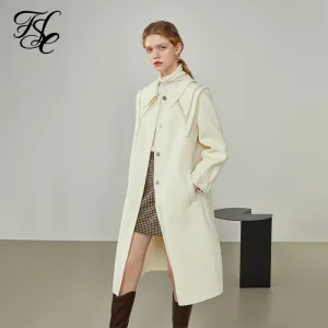 Women Winter  Black Long Detachable Collar Single-breasted Jackets Beige Straight Commuter All-match Woolen Coats