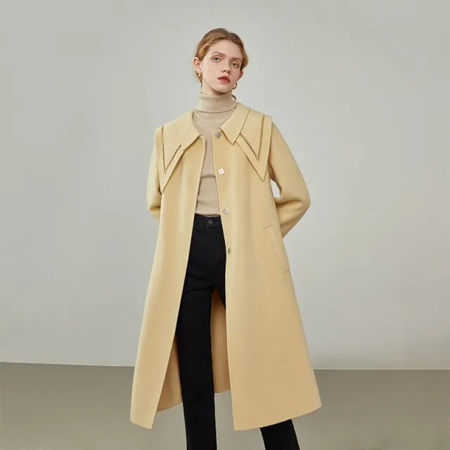 Women Winter  Black Long Detachable Collar Single-breasted Jackets Beige Straight Commuter All-match Woolen Coats