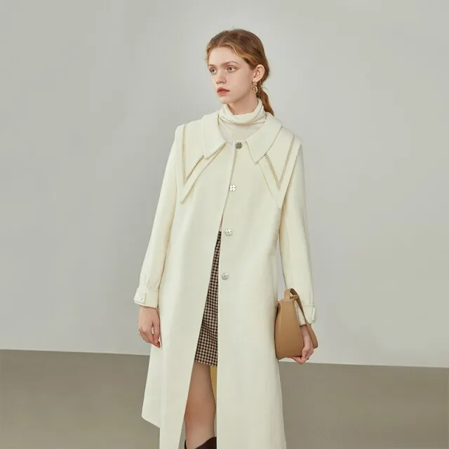 Women Winter  Black Long Detachable Collar Single-breasted Jackets Beige Straight Commuter All-match Woolen Coats