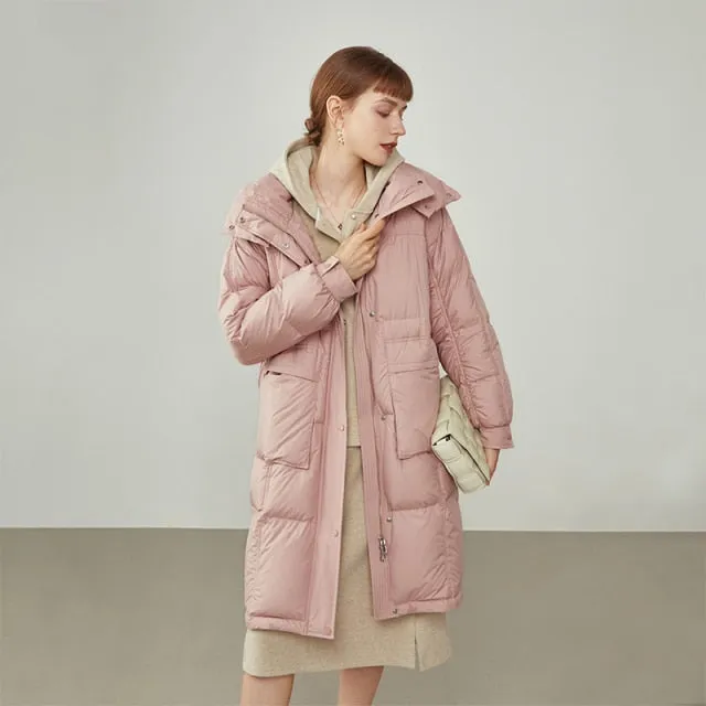 Women's Black Mid-length Loose Hooded Down Jacket Three-proof Fabric Commuter Straight Pink Coat Women Winter Jackets