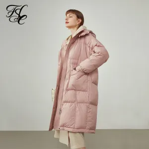 Women's Black Mid-length Loose Hooded Down Jacket Three-proof Fabric Commuter Straight Pink Coat Women Winter Jackets