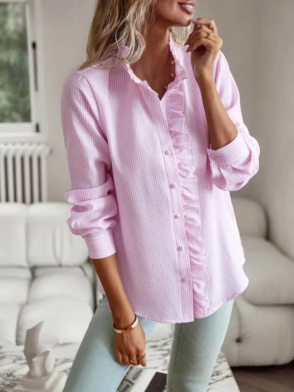 Women's Elegant commuter open button ruffle top