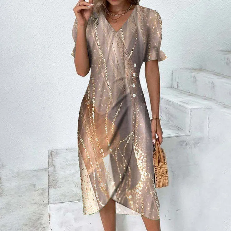 Women's Fashion Temperament Printed Collage Puff Sleeve Irregular Hem Dress