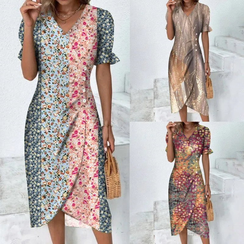 Women's Fashion Temperament Printed Collage Puff Sleeve Irregular Hem Dress